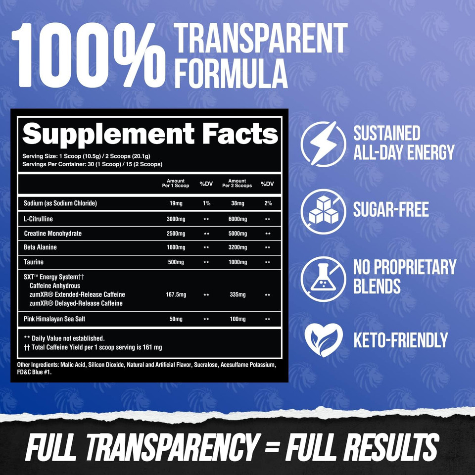 Alpha Lion Core Pre Workout W/Creatine For Performance, Beta Alanine For Muscle, Powder, L-Citrulline For Pump & Tri-Source Caffeine For Sustained Energy (30 Servings, Blue Raspberry Flavor)