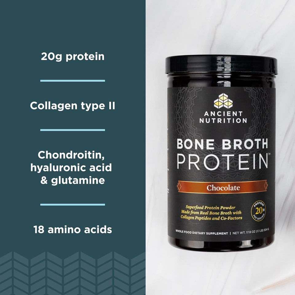 Ancient Nutrition Protein Powder Made From Real Bone Broth, Chocolate, 20G Protein Per Serving, 20 Serving Tub, Gluten Free Hydrolyzed Collagen Peptides Supplement, Great In Protein Shakes