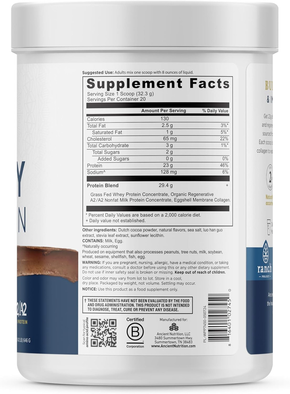 Ancient Nutrition Grass Fed Whey Protein, Milk Chocolate, 23G Protein, 20 Servings, Hydrolyzed Collagen Peptides, Organic Regenerative A2/A2 Milk Protein