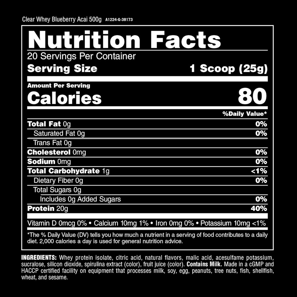 Clear Whey Isolate Protein Powder - Easy To Digest And Mix, 5G Bcaa, Deliciously Juicy, Refreshing Anytime Drink For Men And Women, Blueberry Acai 500G (20 Servings)