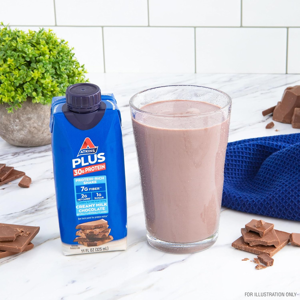 Atkins Creamy Milk Chocolate Plus Protein Shake, 30G Protein, 7G Fiber, 2G Net Carb, 1G Sugar, Keto Friendly, Low Carb, High Protein Drink, 12 Count
