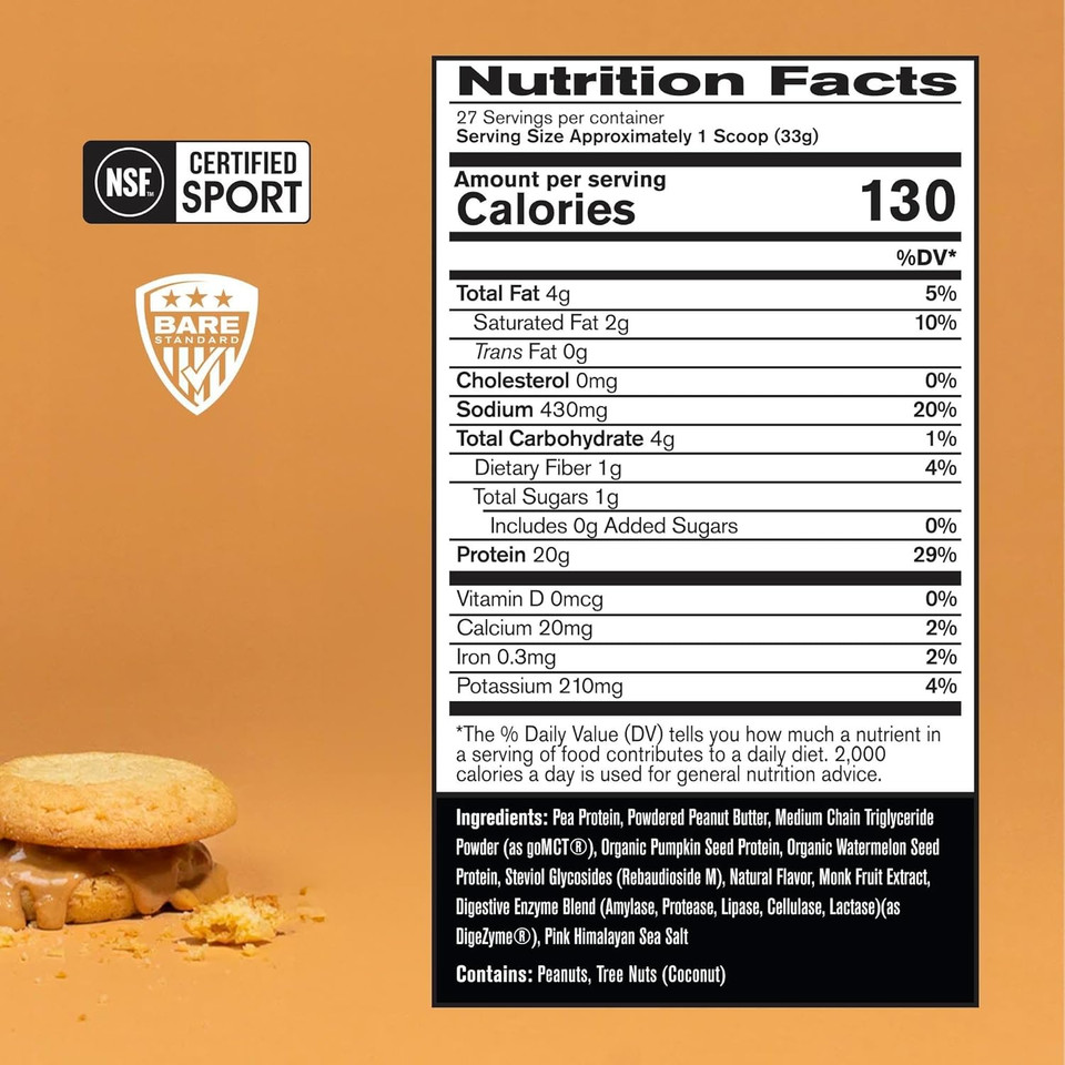 Bare Performance Nutrition Vegan Protein, Plant Based Protein, Pea Protein, Watermelon And Pumpkin Protein, Naturally Sweetened And Flavored (27 Servings, Peanut Butter Cookie)