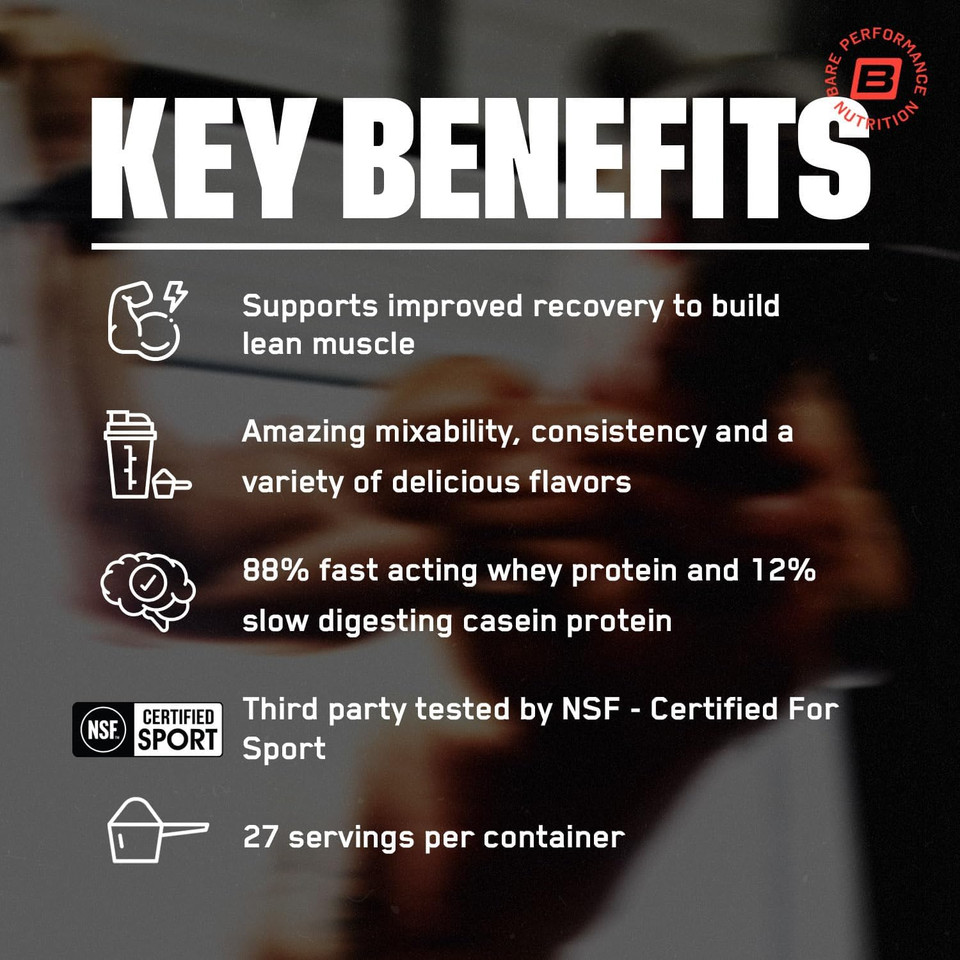 Bare Performance Nutrition, Bpn Whey Protein + Casein Protein Powder Blend, Milk N' Cookies, 25G Protein Per Serving Supports Lean Muscle Recovery, 27 Servings, Third Party Tested