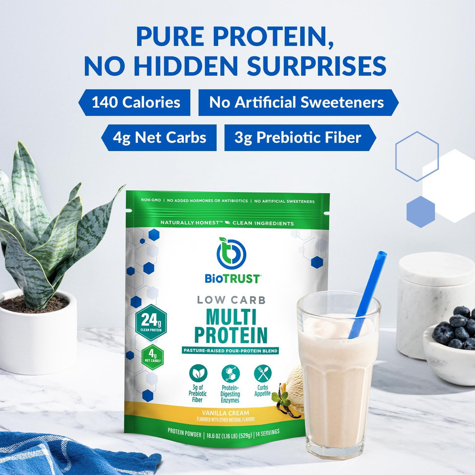 Biotrust Low Carb Protein Powder  Natural And Delicious Whey & Casein Blend From Grass-Fed Hormone Free Cows  Non Gmo, Soy Free, Gluten Free, Hormone Free (Vanilla)