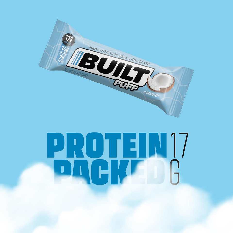 Built Protein Bars, Coconut Marshmallow Puff, 12 Count, Protein Snacks With 17G Of Protein, Collagen, Gluten Free, Chocolate Protein Bar, 140 Calories & 6G Sugar, Perfect On The Go Protein Snack