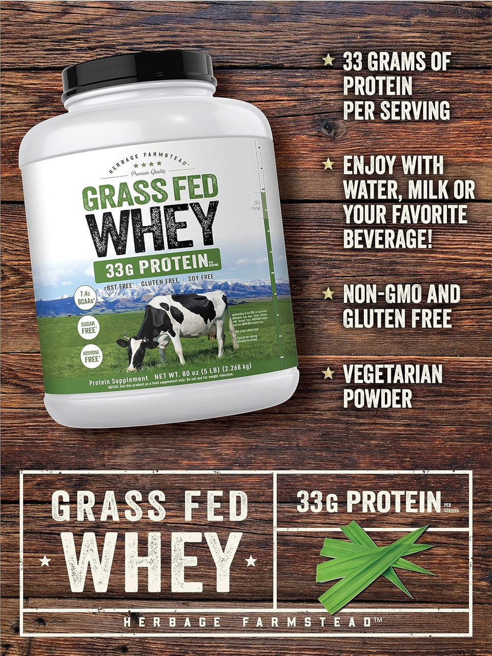 Carlyle Grass Fed Whey Protein Powder | 5Lb (80 Oz) | 33G Of Protein Per Serving | Unflavored | Sugar And Hormone Free | Non-Gmo And Gluten Free Supplement | By Herbage Farmstead