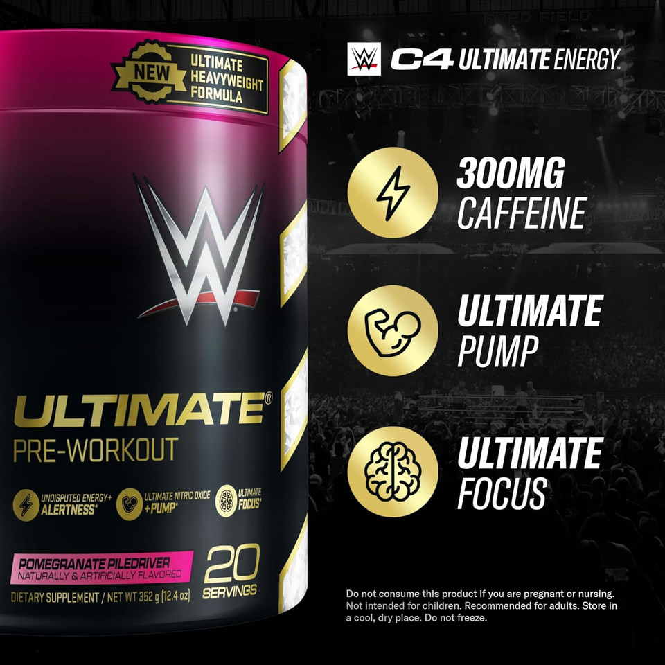 Cellucor C4 Ultimate X Wwe Pre Workout Powder Pomegranate Piledriver - Sugar Free Preworkout Energy Supplement For Men & Women - 300Mg Caffeine + 3.2G Beta Alanine + Patented Creatines - 20 Servings