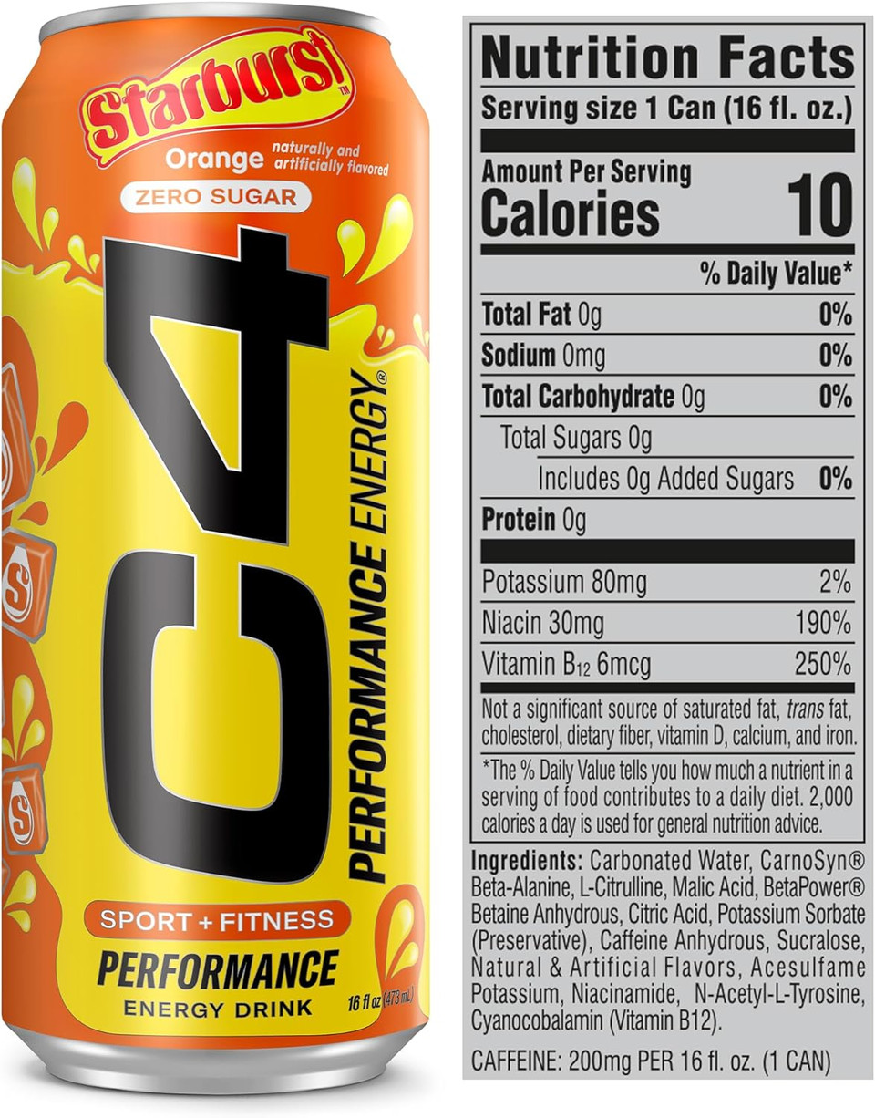 C4 Performance Energy Drink | Starbustã¢Â Orange | Zero Sugar Carbonated Preworkout Energy | 200Mg Caffeine With Beta Alanine | 16 Fl Oz (12 Pack)