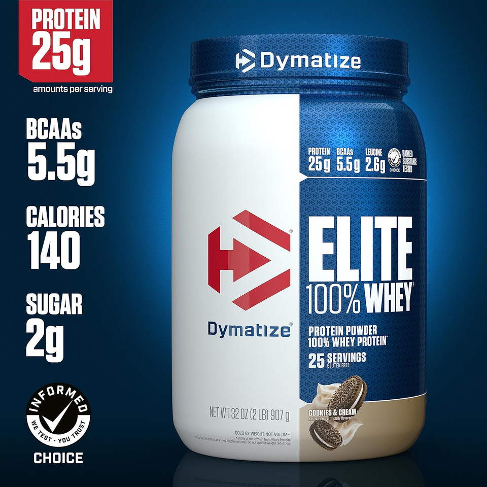 Dymatize Elite 100% Whey Protein Powder, L-Leucine, Quick Absorbing & Fast Digesting For Optimal Muscle Recovery, Gourmet Vanilla, 32 Oz