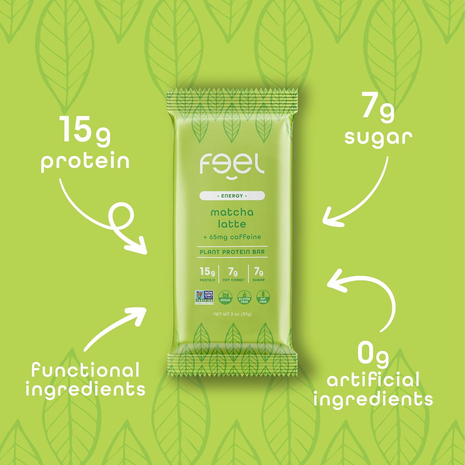 Feel Vegan Protein Bars | Matcha Latte | Keto | Gluten Free | Organic | 15G Plant Protein | Low Carb | High Protein | Dairy Free | Low Sugar | Grain Free | Nut Free | Soy Free | Non Gmo - (Matcha Latte, 10 Pack)