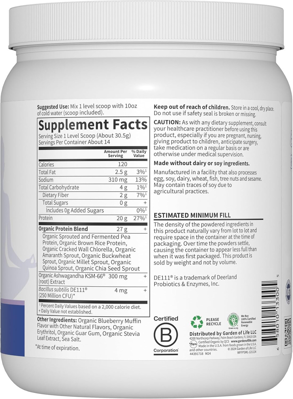 Garden Of Life Functional Protein Stress Relief - 20G Organic Sprouted & Fermented Protein Blend - Blueberry Muffin, Mood Blend For Stress Management, Ashwagandha Ksm-66, Vegan About 14 Servings