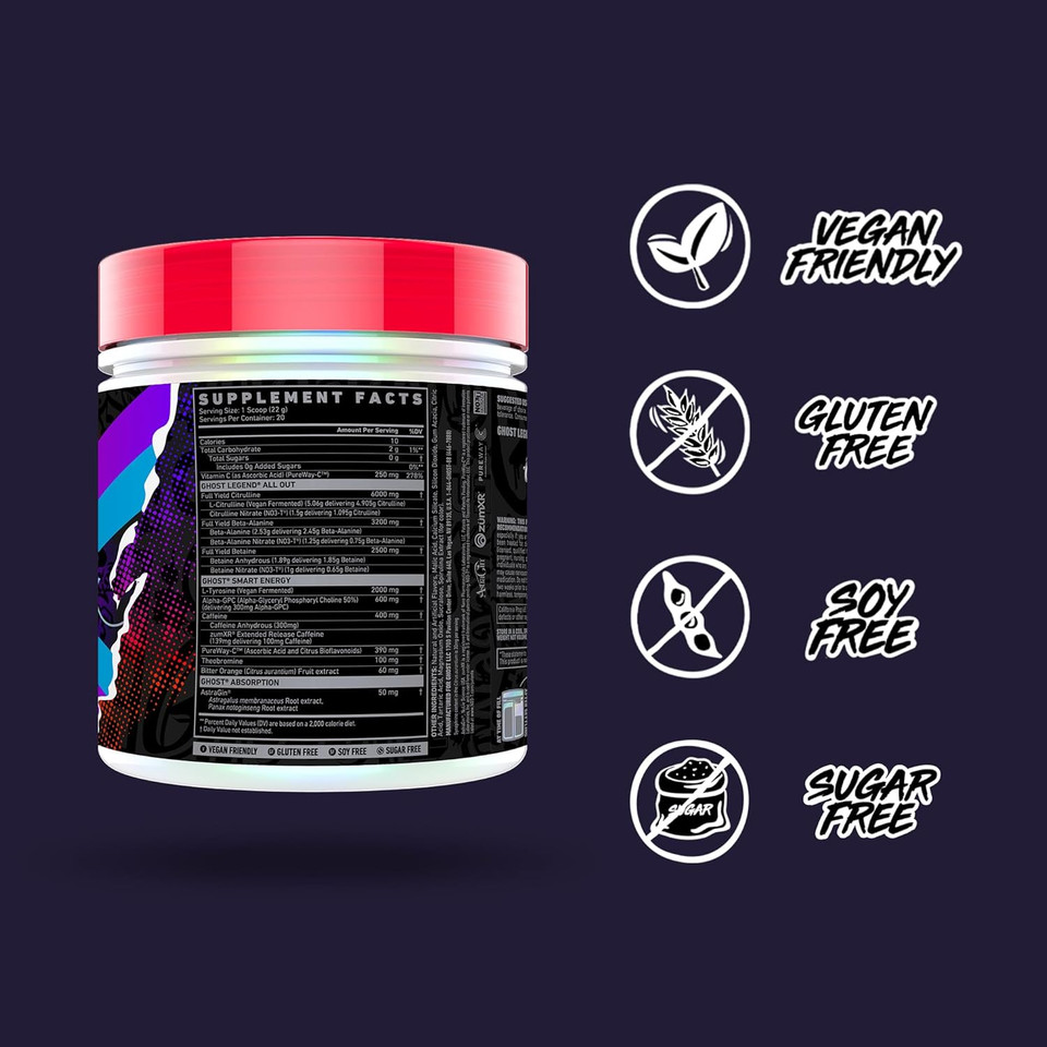 Ghost Legend All Out Pre-Workout Powder, Cherry Limeade - 20 Servings - Pre-Workout Supplement For Men & Women - Energy & Pumps - Caffeine, L-Citrulline, & Beta Alanine Blend - Sugar Free
