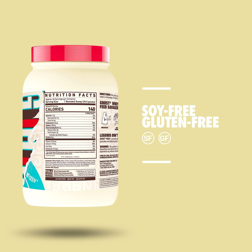 Ghost Whey Protein Powder, Nutter Butter - 2.4Lb Tub, 26G Of Protein - Peanut Butter Cookie Flavored Isolate, Concentrate & Hydrolyzed Whey Protein Blend