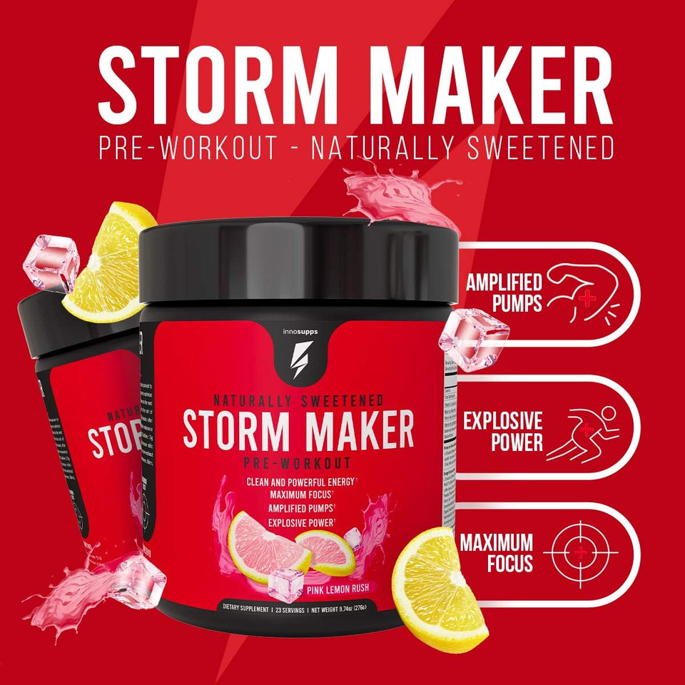 Innosupps Storm Maker Pre Workout | Long Lasting Energy | Organic Caffeine |Green Tea Extract | L-Citruline | No Artificial Sweeteners (Pink Lemon Rush)