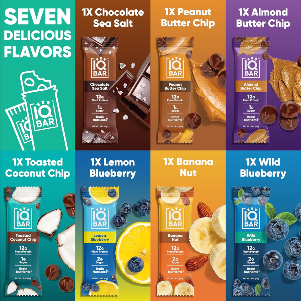 Iqbar Brain And Body Plant Protein Bars - 7 Bar Sampler Pack - Low Carb, High Fiber, Gluten Free, Healthy Vegan Snacks - Low Sugar Keto Energy Bars