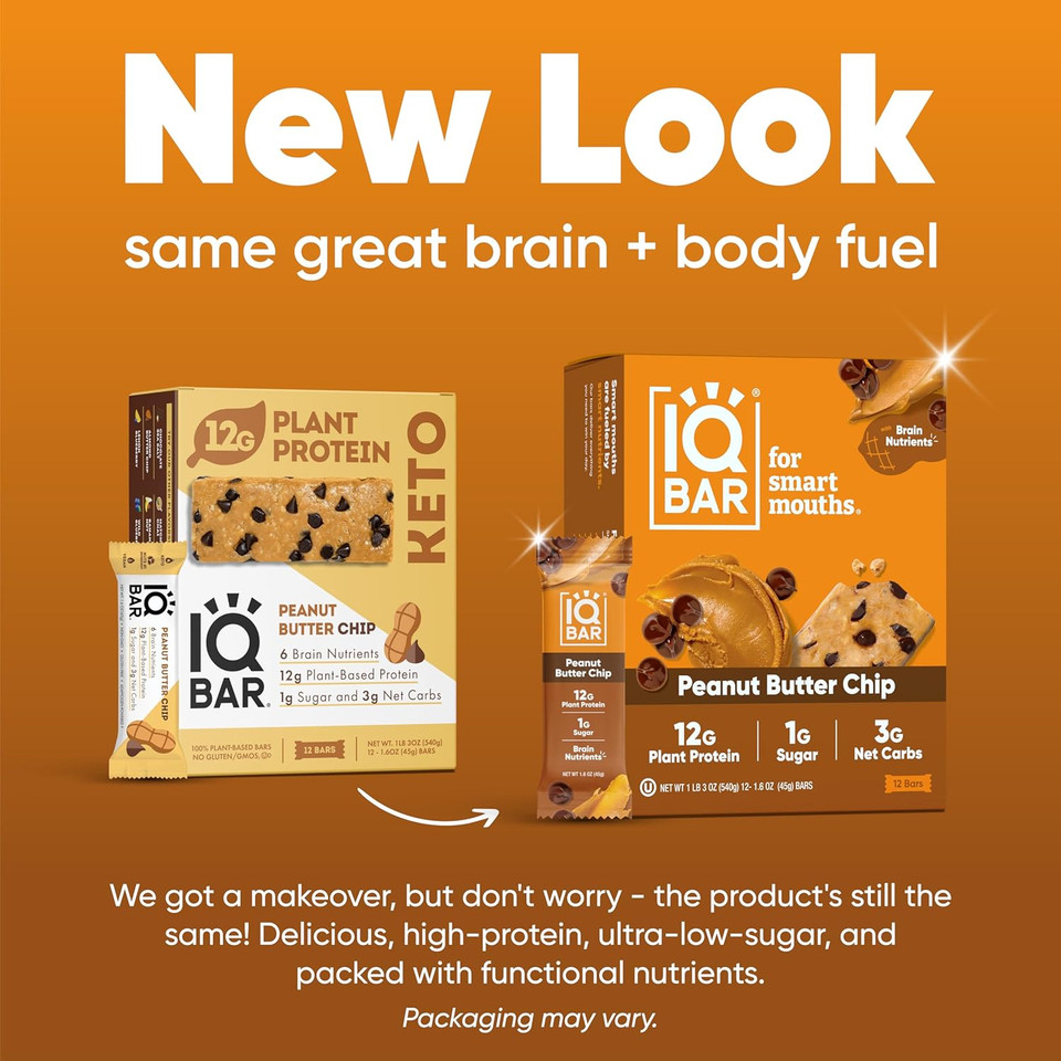 Iqbar Brain And Body Plant Protein Bars - Peanut Butter Chip - 12 Count, Low Carb, High Fiber, Gluten Free, Vegan Snacks - Low Sugar Keto Energy Bars