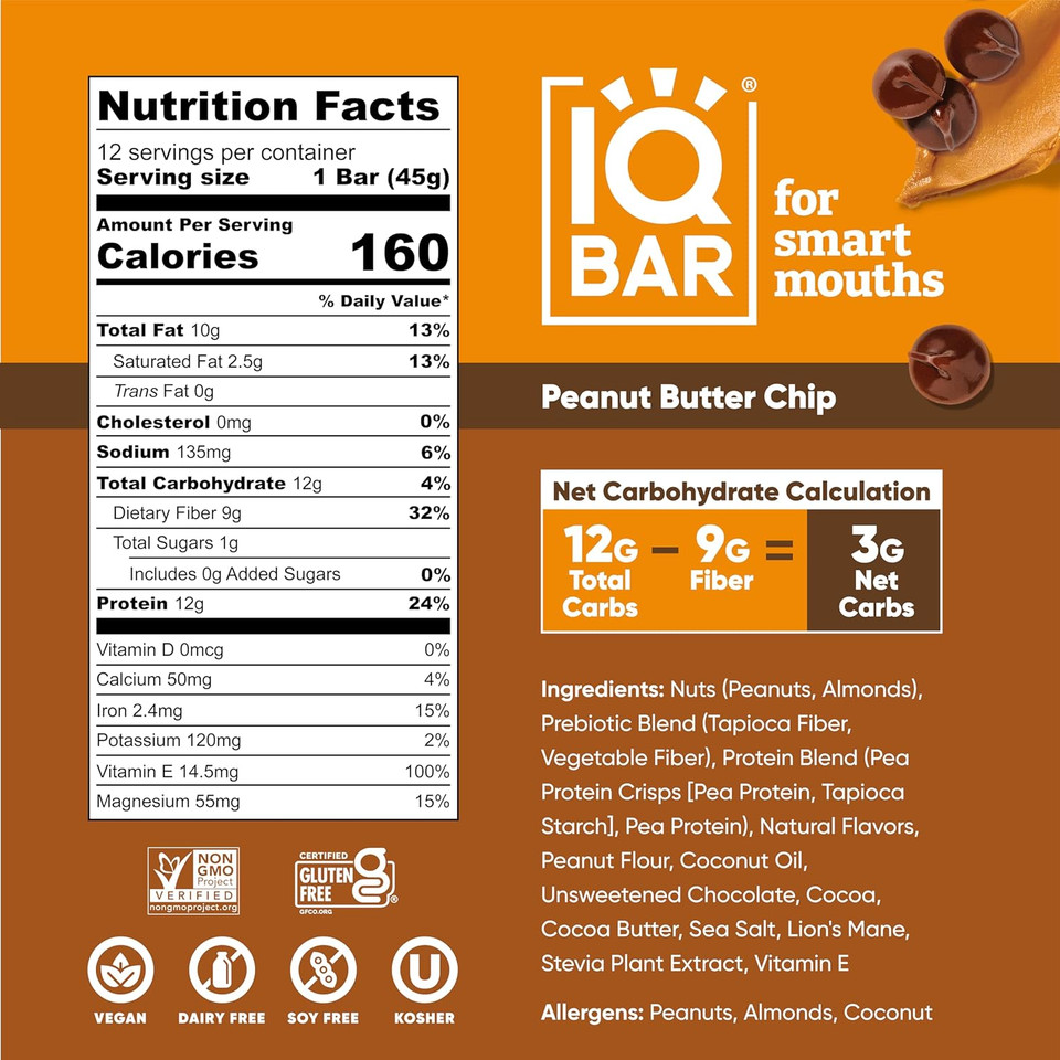 Iqbar Brain And Body Plant Protein Bars - Peanut Butter Chip - 12 Count, Low Carb, High Fiber, Gluten Free, Vegan Snacks - Low Sugar Keto Energy Bars