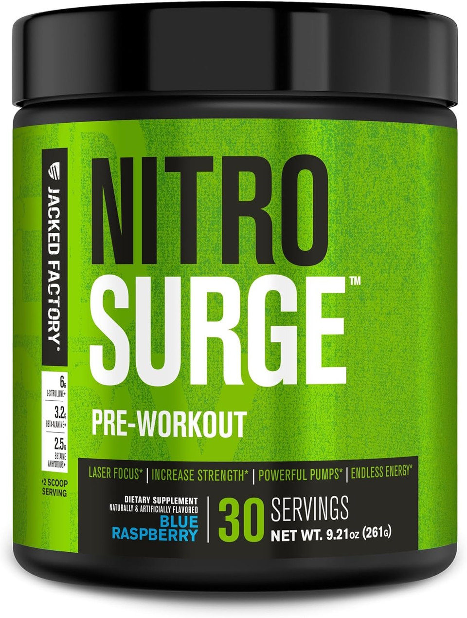 Jacked Factory Nitrosurge Pre Workout Supplement - Energy Booster, Instant Strength Gains, Clear Focus & Intense Pumps - No Booster & Powerful Preworkout Energy Powder - 30 Servings, Blue Raspberry