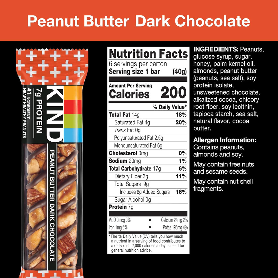 Kind Healthy Snack Bar, Peanut Butter Dark Chocolate, 7G Protein, Gluten Free Bars, 1.4 Oz, (60 Bars)