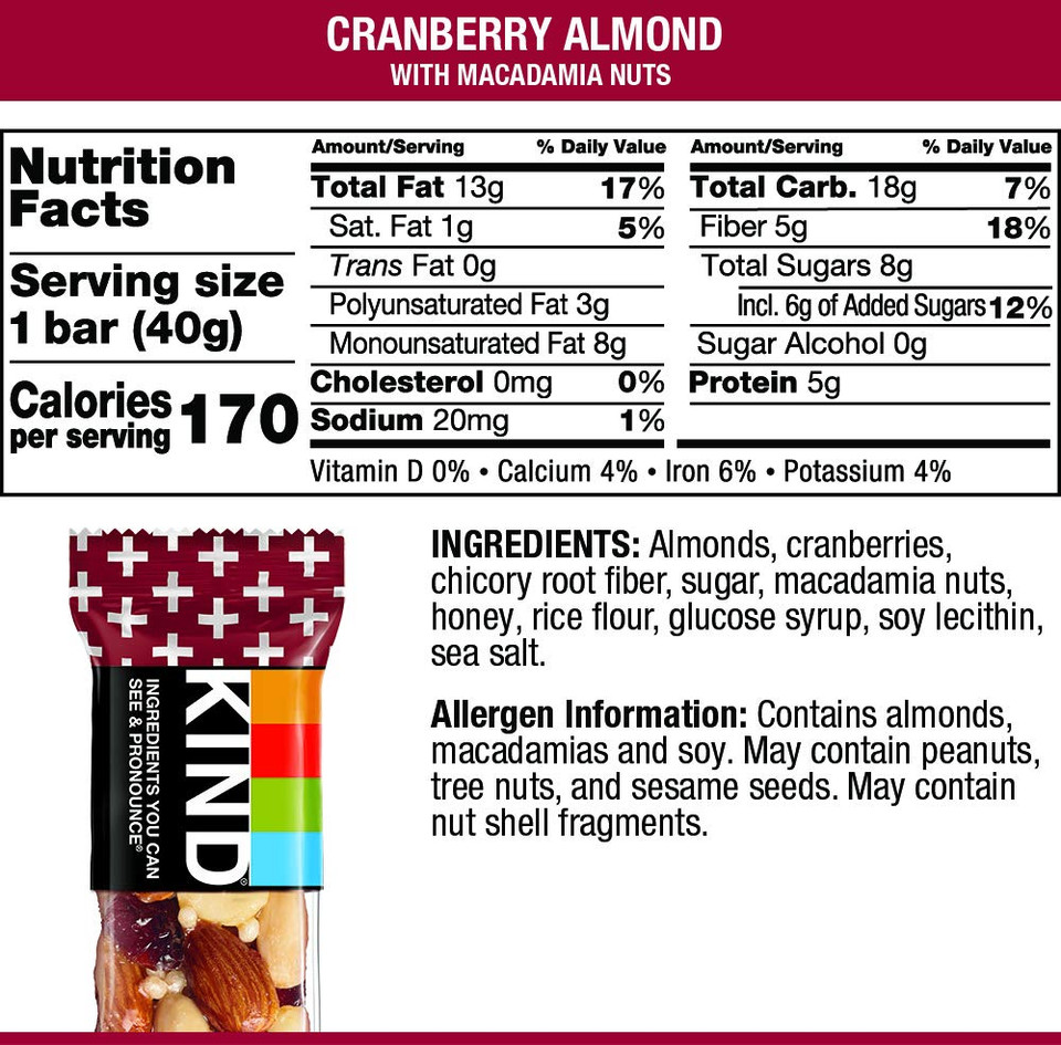 Kind Nut Bars, Cranberry Almond, 1.4 Ounce, 60 Count, Gluten Free, Low Glycemic Index, 5G Protein