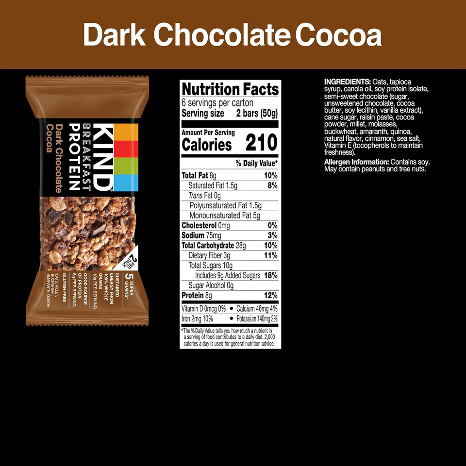 Kind Breakfast, Healthy Snack Bar, Dark Chocolate Cocoa, Gluten Free Breakfast Bars, 8G Protein, 1.76 Oz Packs (6 Count) Kind Breakfast, Healthy Snack Bar, Dark Chocolate Cocoa, Gluten Free Breakfast Bars, 8G Protein, 1.76 Oz Packs (6 Count)