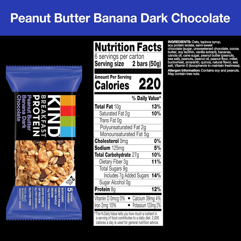 Kind Breakfast, Healthy Snack Bar, Peanut Butter Banana Dark Chocolate, Gluten Free Breakfast Bars, 8G Protein, 1.76 Oz Packs (30 Count) Kind Breakfast, Healthy Snack Bar, Peanut Butter Banana Dark Chocolate, Gluten Free Breakfast Bars, 8G Protein, 1.76 Oz Packs (30 Count)