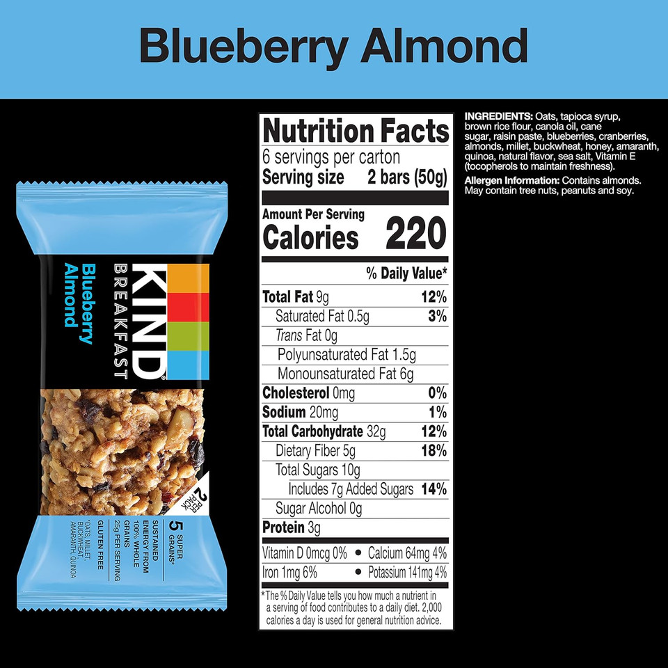 Kind Breakfast, Healthy Snack Bar, Blueberry Almond, Gluten Free Breakfast Bars, 100% Whole Grains, 1.76 Oz Packs (30 Count)