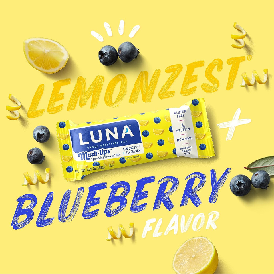 Luna Mash-Ups - Lemonzest + Blueberry Flavor - Gluten-Free - Non-Gmo - 7-9G Protein - Made With Organic Oats - Low Glycemic - Whole Nutrition Snack Bars - 1.69 Oz. (15 Count)