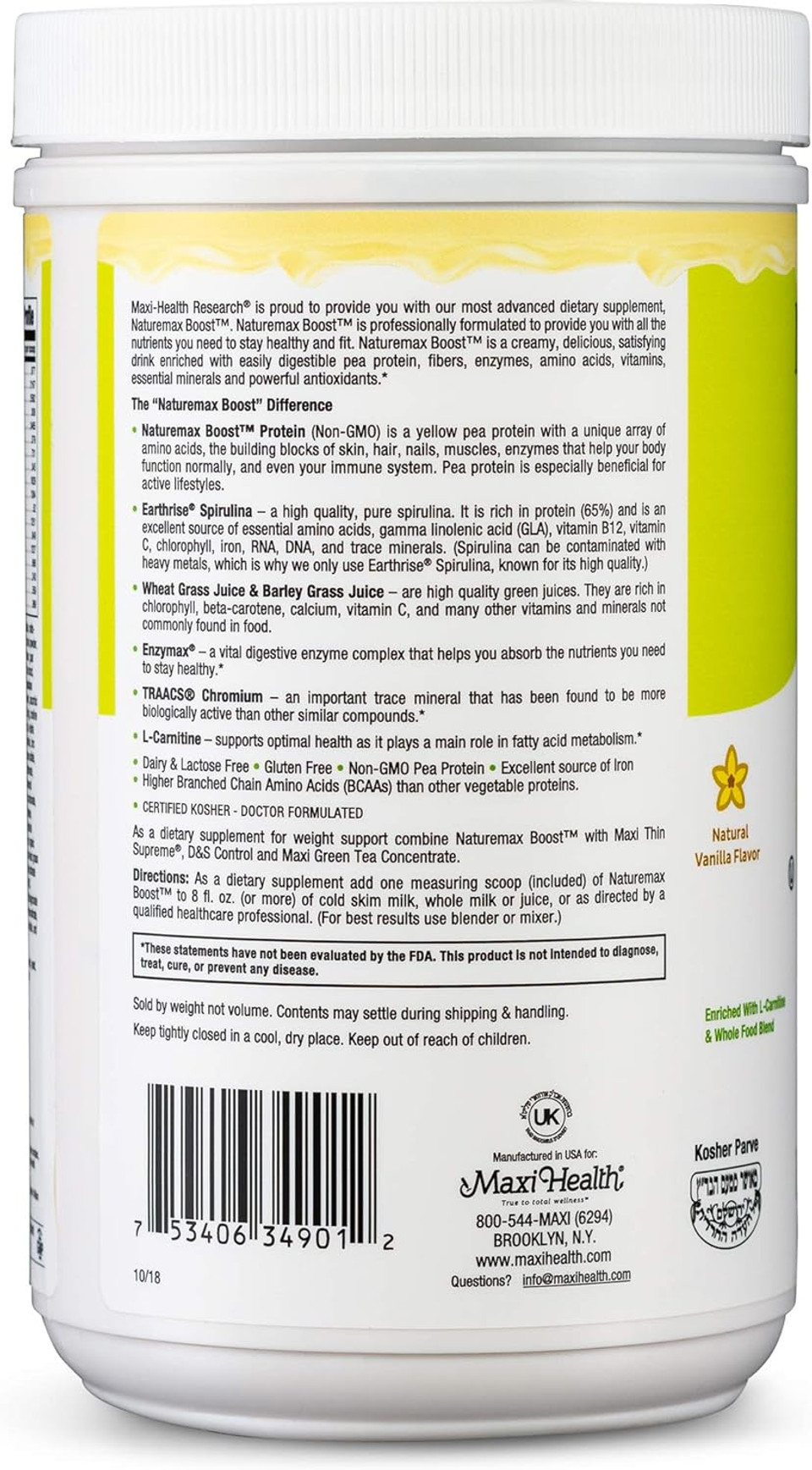 Naturemax Boosttm Pea Protein Powder - Diet Supplement Meal Replacement - 20G Protein Per Serving - Natural Vanilla Flavor - Kosher Vitamin - 1Lb