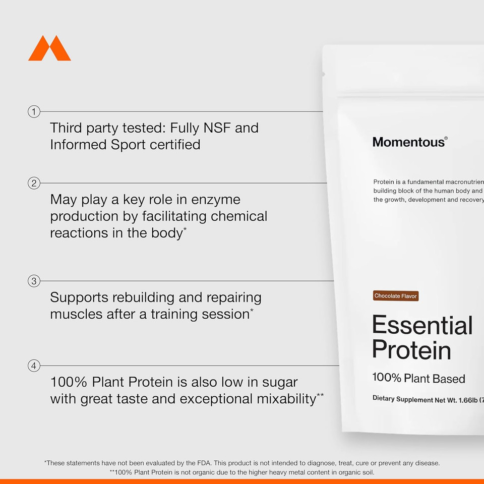 Momentous Essential Vegan Protein Powder - 20G Plant Based Protein - Nsf Certified, Gluten-Free, Non-Gmo, 20 Servings For Essential Everyday Use, Chocolate