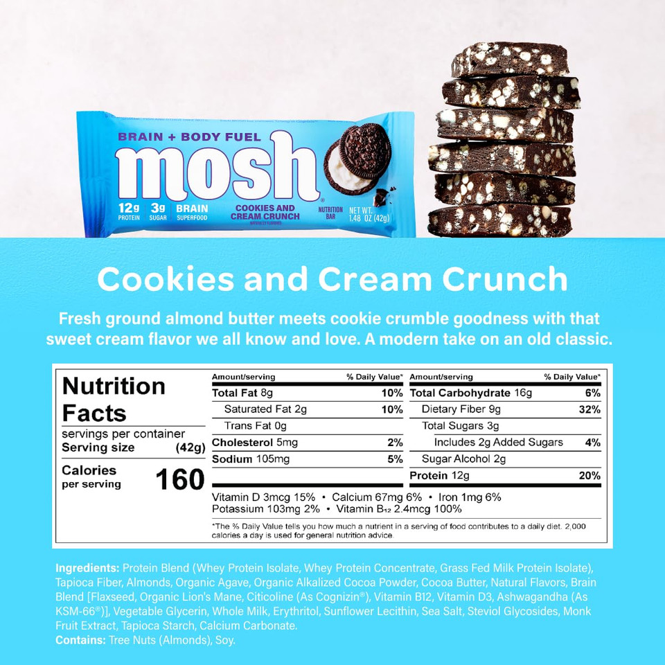 Mosh Cookies And Cream Crunch Bars, 12G Grass-Fed Protein, Keto Snack, Gluten-Free, No Added Sugar, Lion'S Mane, B12 Vitamins, Supports Brain Health, Workout Recovery, Breakfast To-Go (12 Bars)
