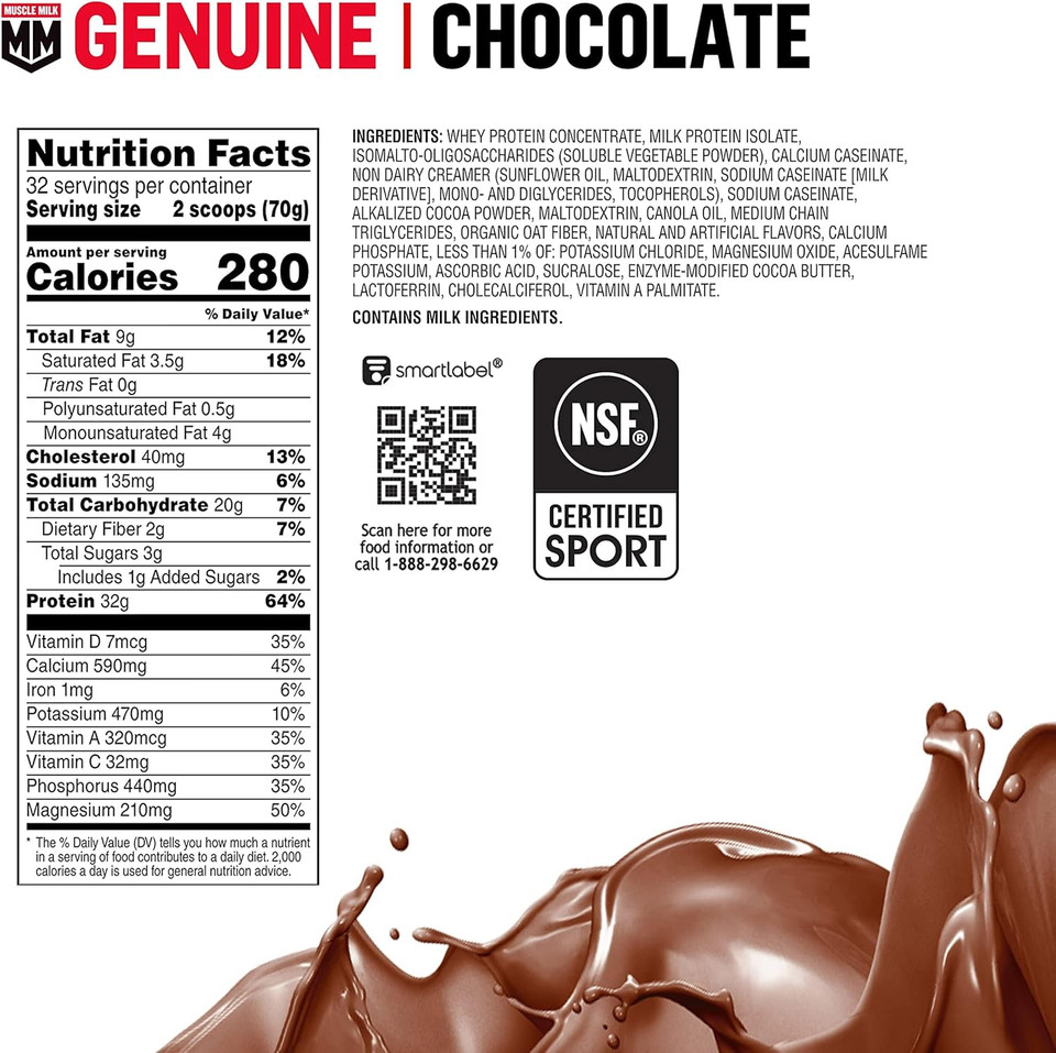 Muscle Milk Genuine Protein Powder, Chocolate, 4.94 Pound, 32 Servings, 32G Protein, 2G Sugar, Calcium, Vitamins A, C & D, Nsf Certified For Sport, Energizing Snack, Packaging May Vary