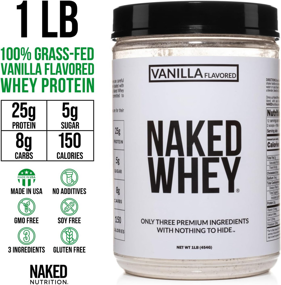 Naked Vanilla Whey Protein 1Lb, Only 3 Ingredients, All Natural Grass Fed Whey Protein Powder + Vanilla + Coconut Sugar- Gmo-Free, Soy Free, Gluten Free. Aid Muscle Growth, 12 Servings