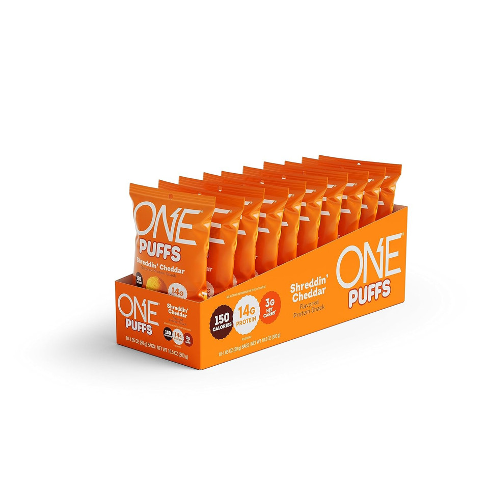 One Puffs, Shreddin' Cheddar Flavor, 14G Of Protein, Protein Snacks For On The Go, 150 Calories Per Snack (10 Pouches)
