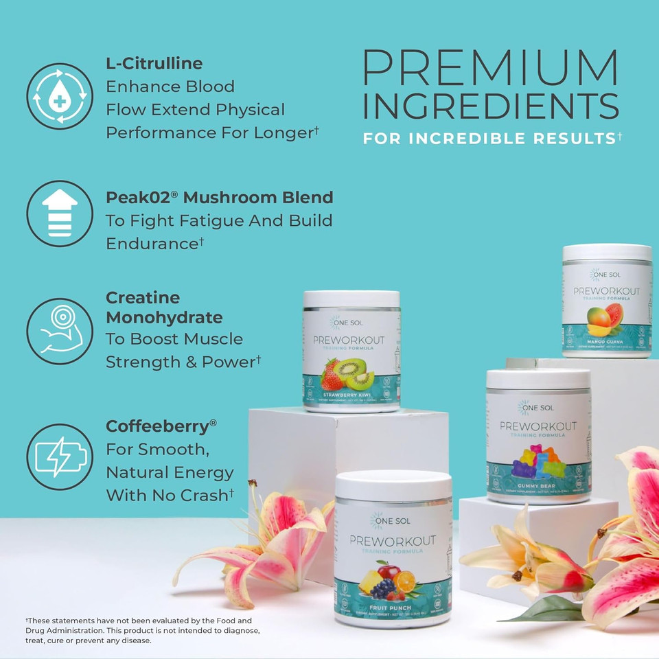 One Sol Pre-Workout For Women, Enhanced Pump & Focus, No Jitters Or Crash, Natural Ingredients, 100% Vegan, Gluten Free & Soy Free, (Strawberry Kiwi)