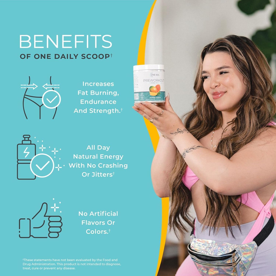 One Sol Pre-Workout For Women, Enhanced Pump & Focus, No Jitters Or Crash, Natural Ingredients, 100% Vegan, Gluten Free & Soy Free, (Mango Guava)