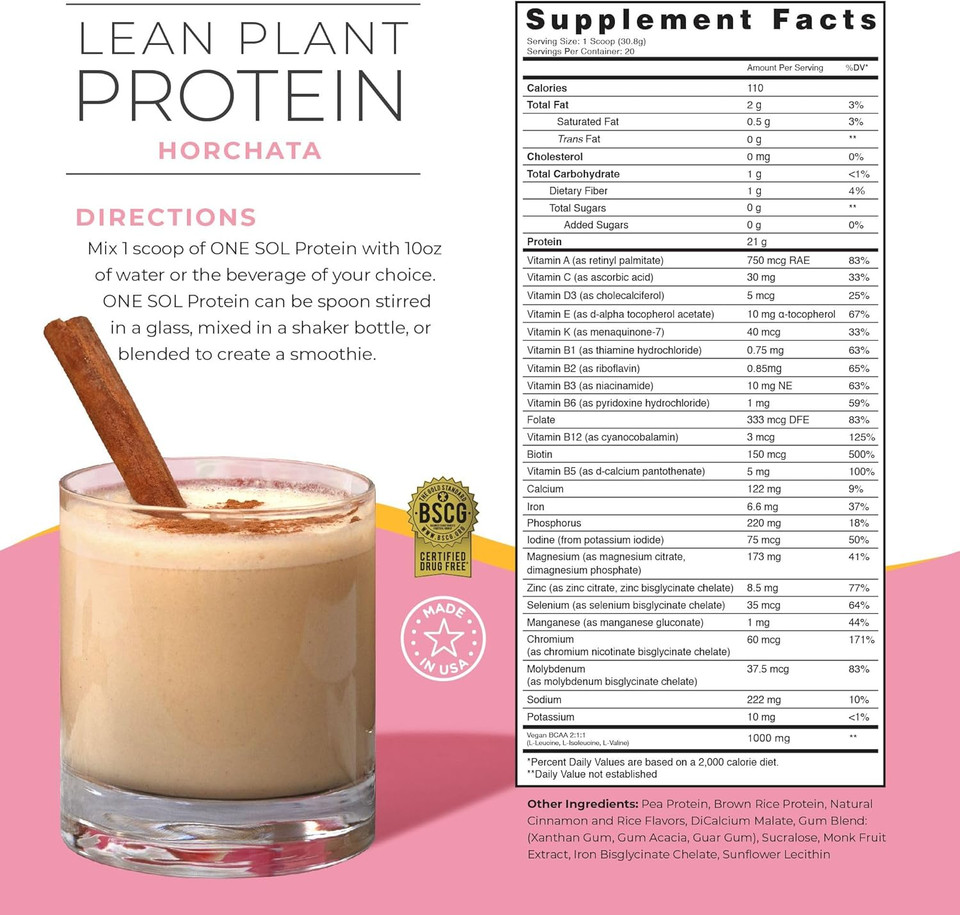 One Sol Lean Plant Protein Powder Horchata, Low Carb, Gluten Free, Lactose-Free, No Sugar Added, Soy Free, Non-Gmo, 100% Plant-Based & Vegan Friendly