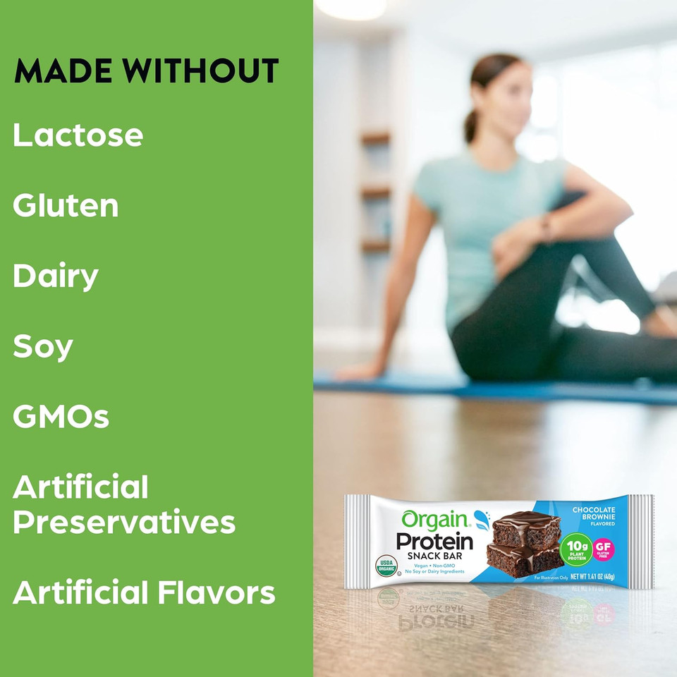 Orgain Organic Vegan Protein Bars, Chocolate Brownie - 10G Plant Based Protein, Low Calorie Healthy Snacks, No Lactose Or Soy Ingredients, Gluten Free, Non-Gmo - 1.41 Oz (Pack Of 12)