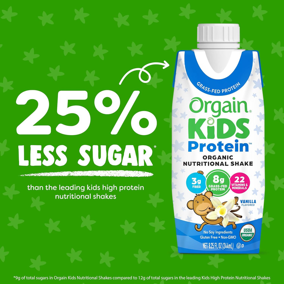 Orgain Organic Kids Nutritional Protein Shake, Vanilla, Healthy Kids Snacks, 8G Dairy Protein, 3G Fiber, 22 Vitamins & Minerals, No Soy Ingredients, 8.25 Fl Oz (Packaging May Vary) (4 Pack)