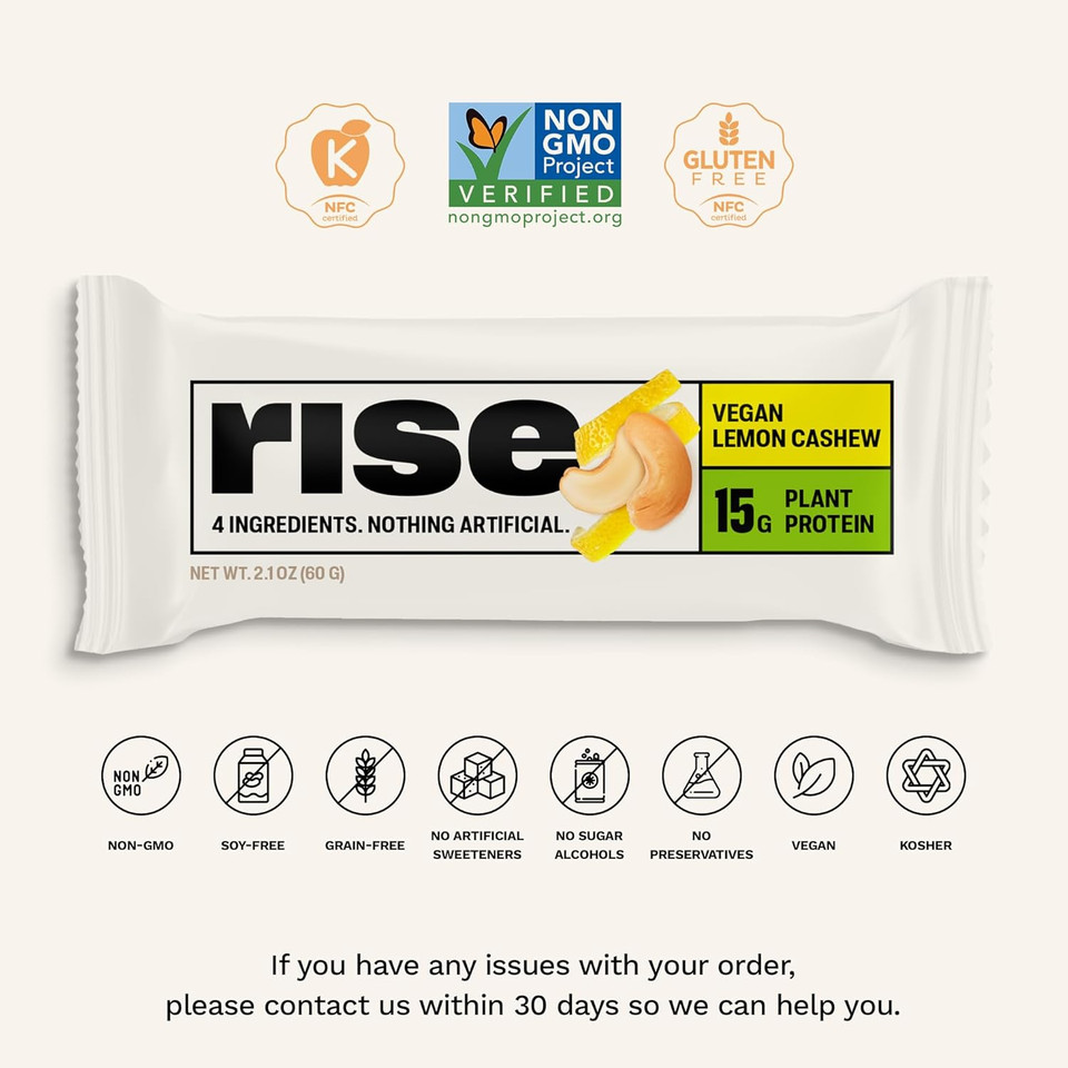 Rise Pea Protein Bar - Vegan Lemon Cashew | Breakfast Bar & Protein Snack 15G Protein Just 3 Whole Food Ingredients Non-Gmo Gluten-Free Soy Free
