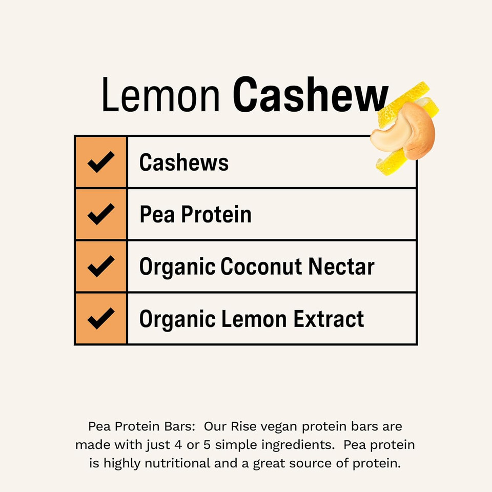 Rise Pea Protein Bar - Vegan Lemon Cashew | Breakfast Bar & Protein Snack 15G Protein Just 3 Whole Food Ingredients Non-Gmo Gluten-Free Soy Free