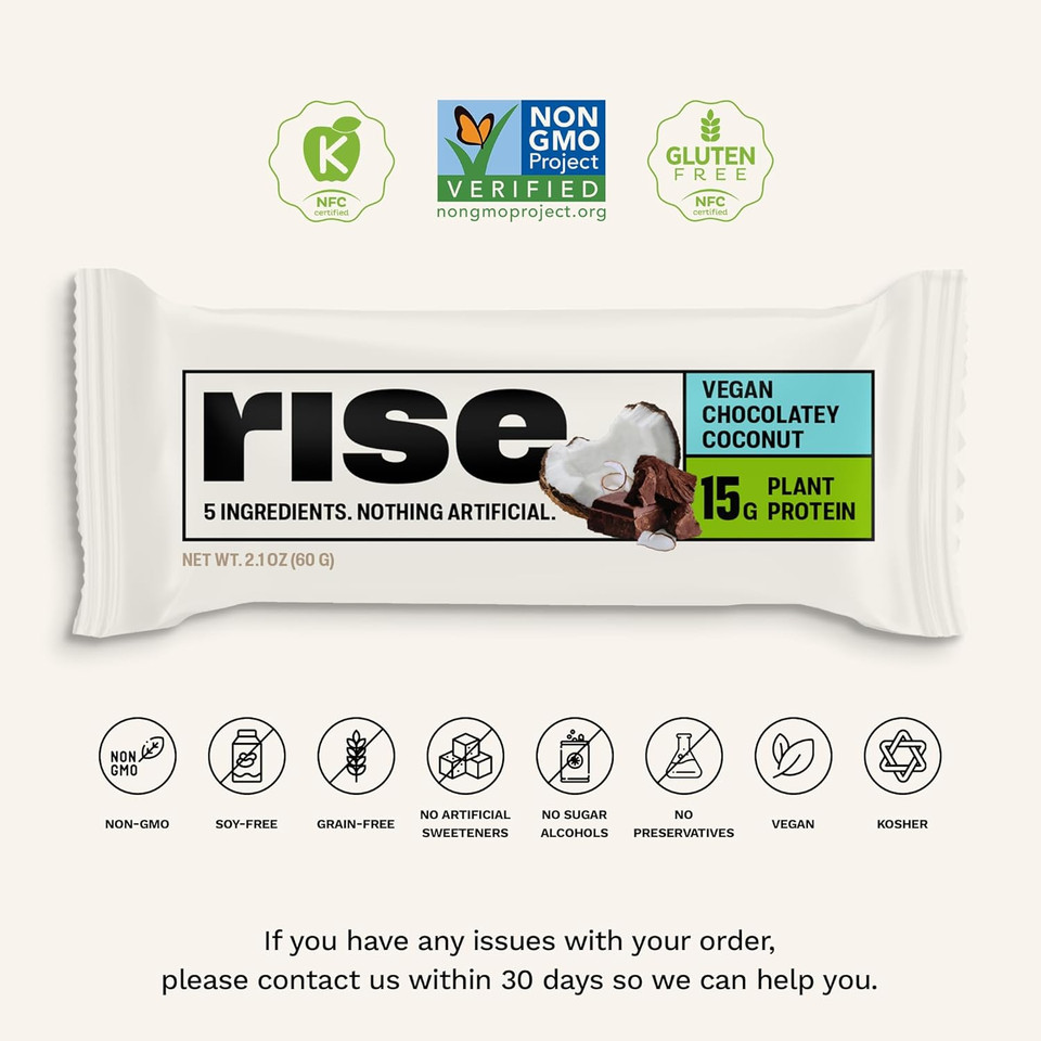Rise Pea Protein Bar - Chocolately Coconut | Breakfast Bar & Protein Snack 15G Protein Just 5 Whole Food Ingredients Non-Gmo Gluten-Free Soy Free