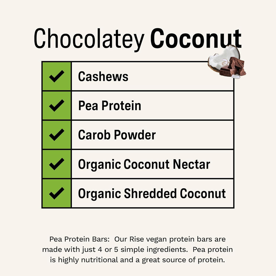 Rise Pea Protein Bar - Chocolately Coconut | Breakfast Bar & Protein Snack 15G Protein Just 5 Whole Food Ingredients Non-Gmo Gluten-Free Soy Free