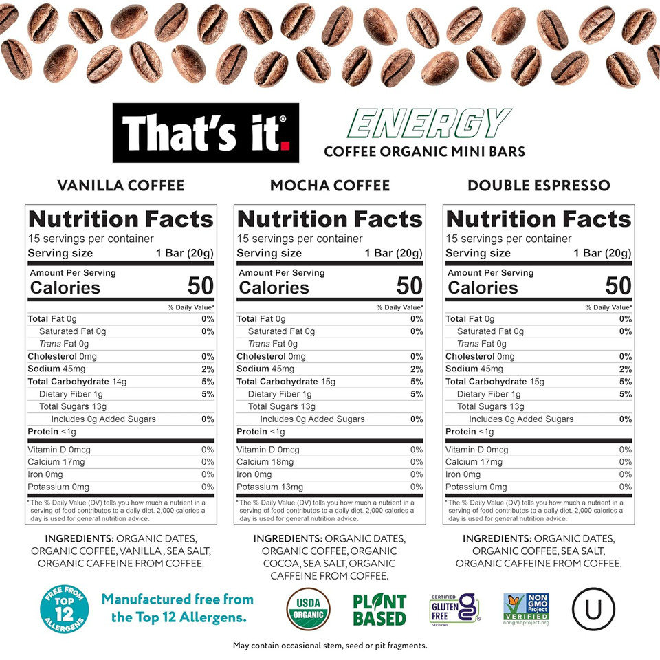 Thatã¢ÂS It. Organic Energy Coffee Mini Bars - (6 Each Of Vanilla, Mocha, Double Espresso) Grab And Go, No Added Sugars, Non-Gmo, Caffeine Power Snack, Kosher, Allergy Friendly (Variety - 18 Count)
