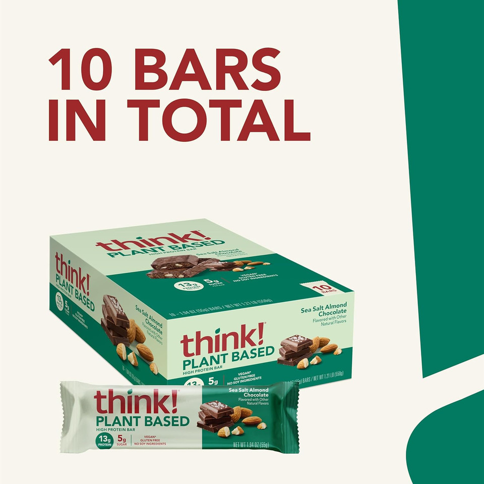 Think! Vegan/Plant Based High Protein Bars - Sea Salt Almond Chocolate, 13G Protein, 5G Sugar, No Artificial Sweeteners, Non Gmo Project Verified, 10 Count (Packaging May Vary)
