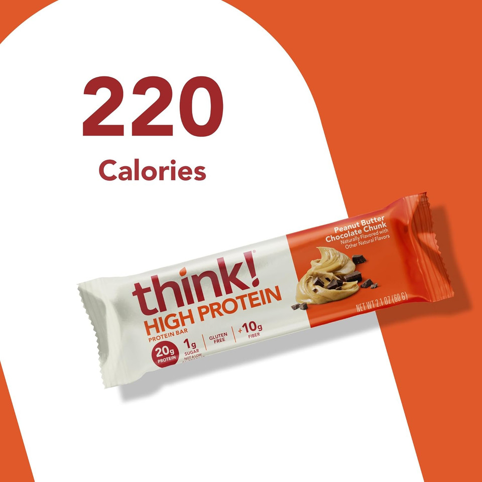 Think! Protein Bars, High Protein Snacks, Gluten Free, Kosher Friendly, Peanut Butter Chocolate Chunk, 10 Count