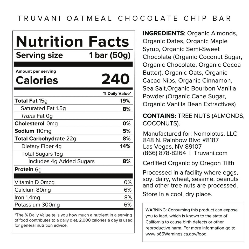 Truvani Plant Based Snack Bars | 6G Protein | 12 Pack Oatmeal Chocolate Chip | Organic | Vegan | The Only Bar | Dairy, Soy, And Gluten Free | Individually Wrapped