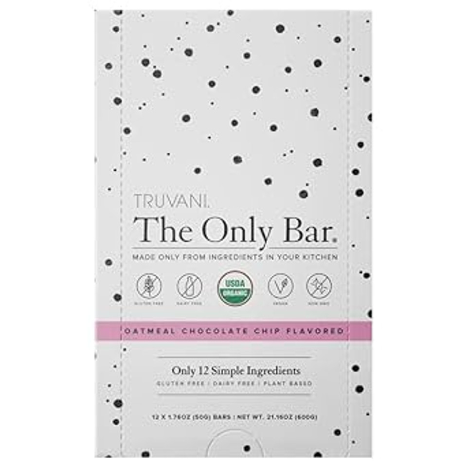 Truvani Plant Based Snack Bars | 6G Protein | 12 Pack Oatmeal Chocolate Chip | Organic | Vegan | The Only Bar | Dairy, Soy, And Gluten Free | Individually Wrapped