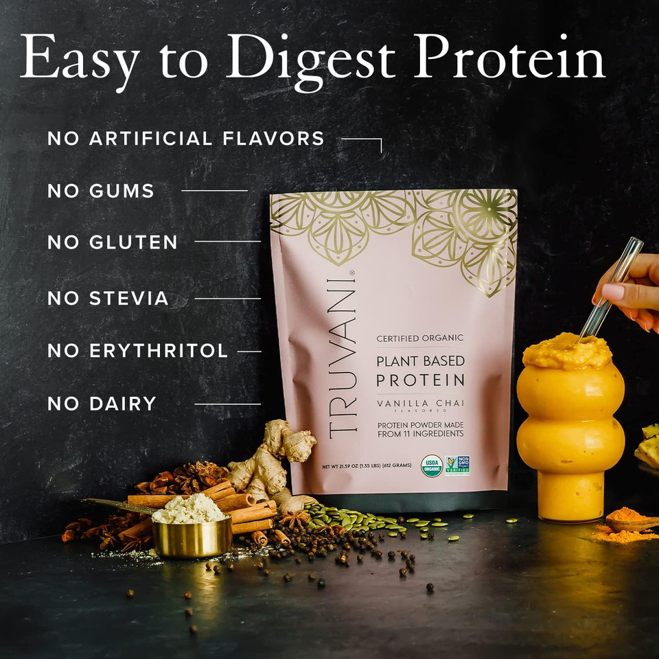 Truvani Vegan Pea Protein Powder | Vanilla Chai | 20G Organic Plant Based Protein | 20 Servings | Keto | Gluten & Dairy Free | Low Carb | No Added Sugar