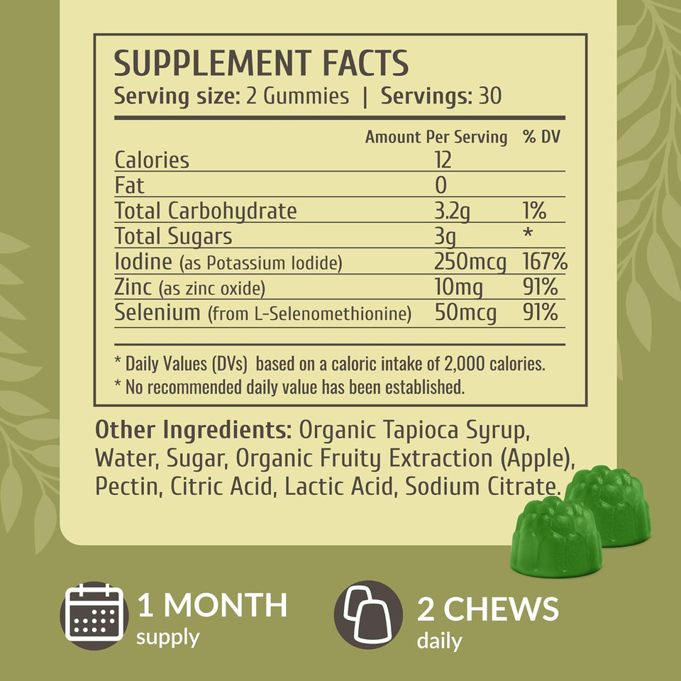 Herbamama Iodine Gummies - Potassium Iodine, Zinc & Selenium For Brain Health And Energy - Immune Support Supplement Gummies - Vegan, Gelatin-Free, Non-Gmo - 60 Apple-Flavored Chews